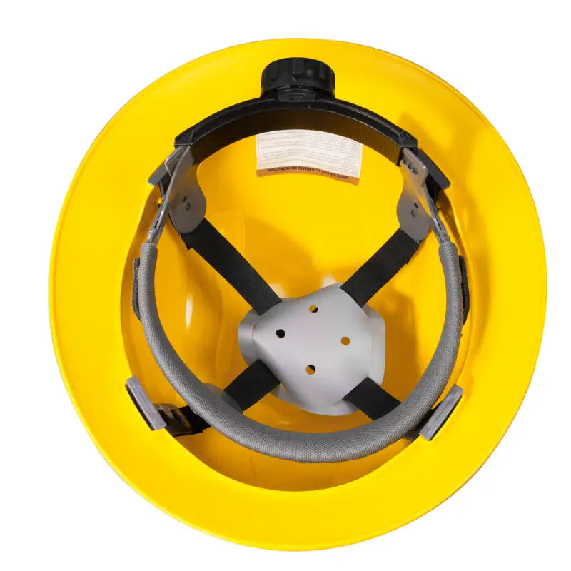 Interior view of Yellow Full Brim Safety Hard Hat with 4 Point Suspension ANSI Z89 compliant