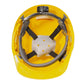 Interior view of yellow hard hat with 4 point suspension and brow liner for cap style safety