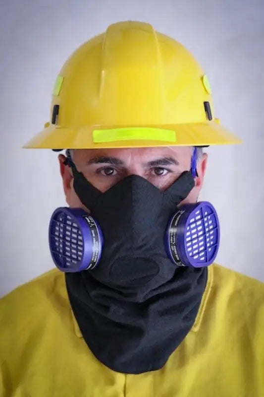 Yellow hard hat with respirator mask for Hot Shield HS-5 half face respirator protection