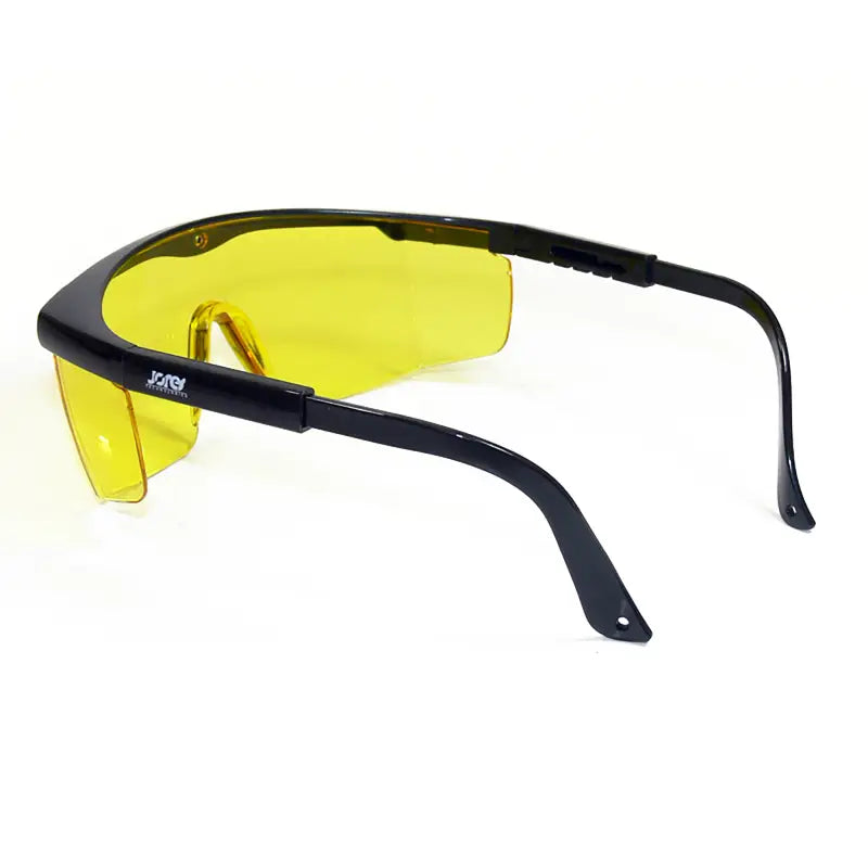 Yellow-lensed framed rectangular safety glasses with black frames for high impact protection