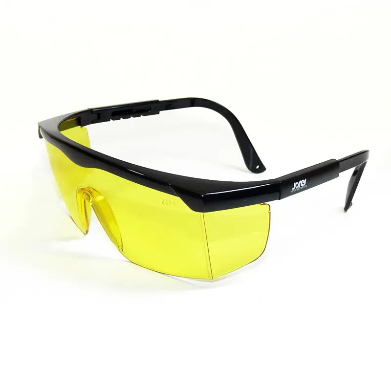 Yellow-lensed framed rectangular safety glasses with black frames for high impact protection