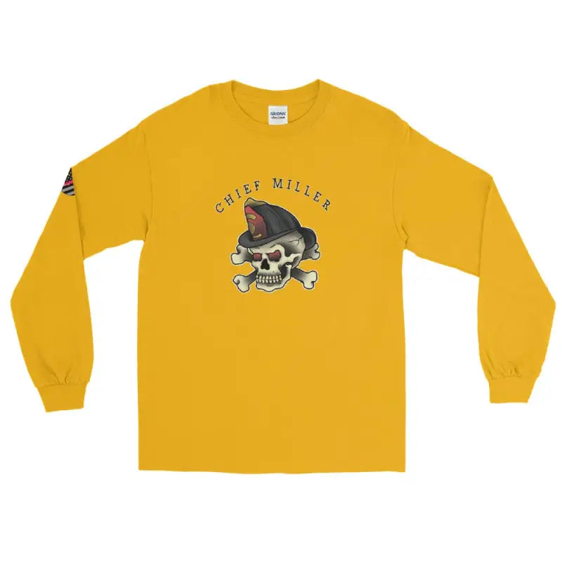 Yellow Chief Miller Skull long sleeve t-shirt featuring a skull and crossbones design