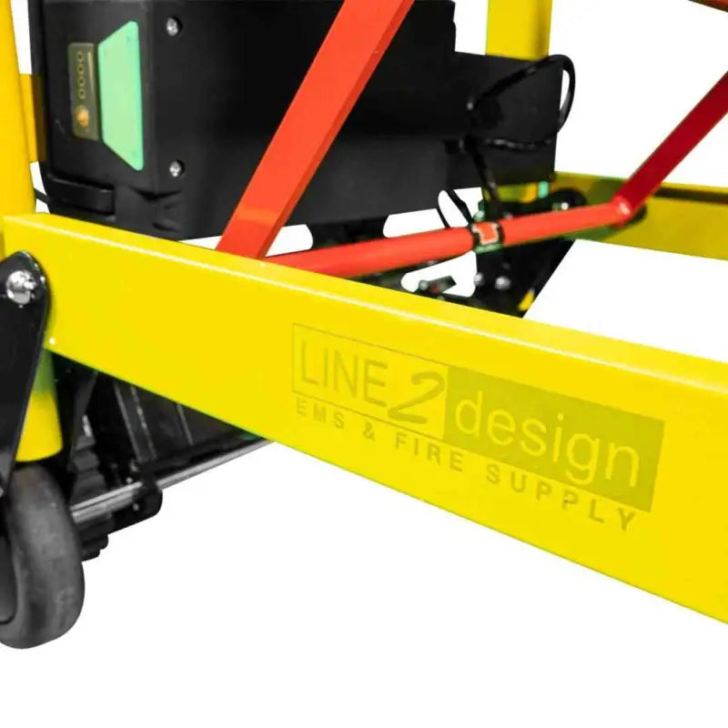 Yellow metal frame with LINE2design branding on Motorized Mobile Stair Chair Lift