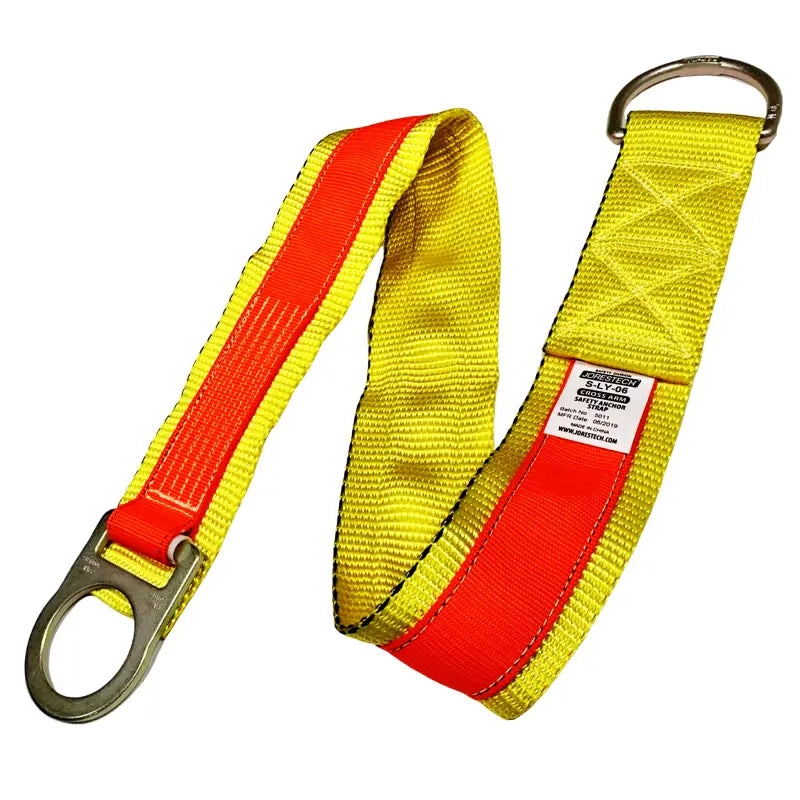 Yellow and orange safety lanyard with rings for Cross Arm Anchor Strap system