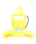 Yellow plastic hanger with Hang-Dry logo for efficient clothes drying and organization