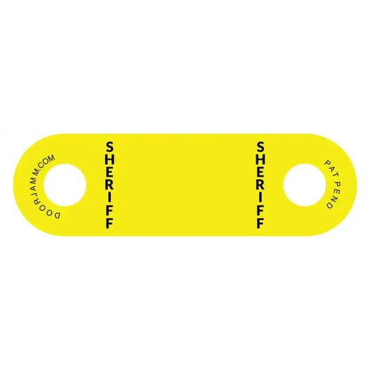 Yellow plastic Sheriff tag for Sheriff DoorJamm, ideal for first responders