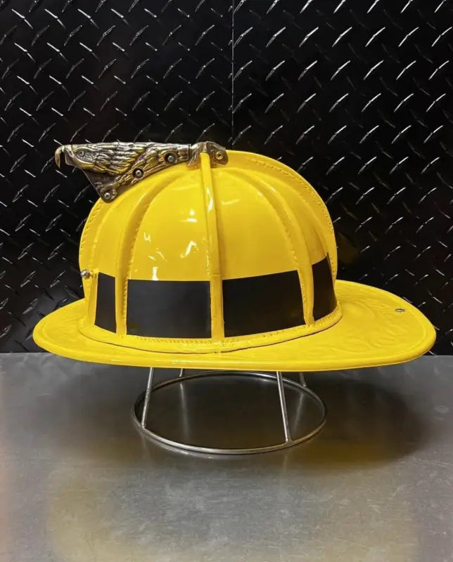 Yellow safari-style hard hat featuring matte black reflective helmet trim design