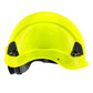 Yellow rescue hard hat with adjustable ratchet suspension and black accents