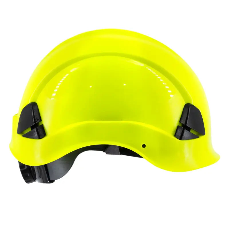 Yellow rescue hard hat with adjustable ratchet suspension and black accents