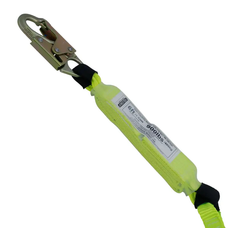 Yellow shock-absorbing lanyard with metal hook for single leg external safety use