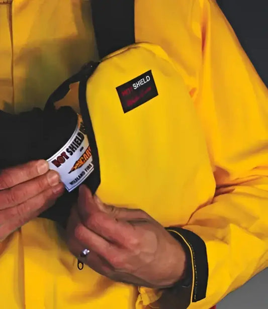 Yellow fire shelter in Web Case Carry Pouch for emergency hot shield protection