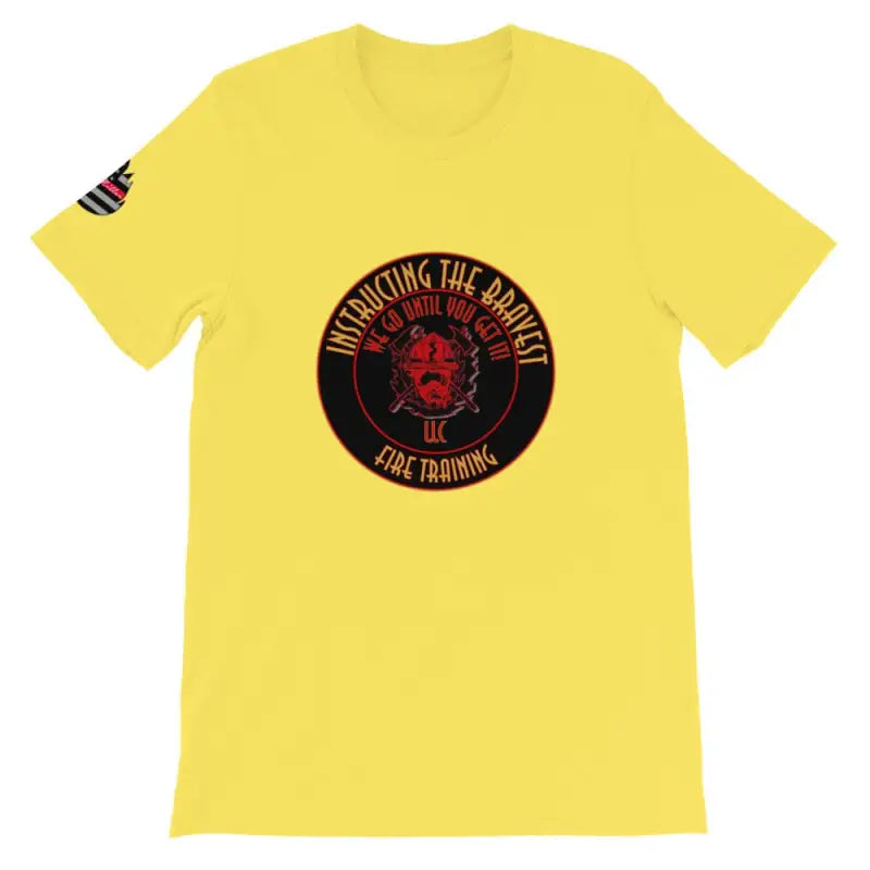 Yellow Instructing the Bravest short sleeve t-shirt with black and red circular logo