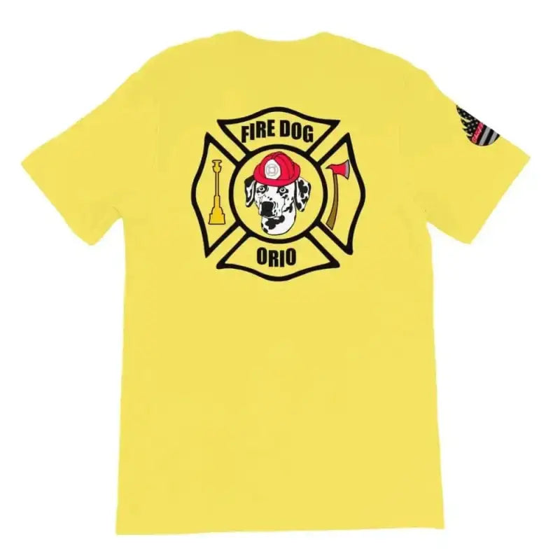 Yellow dog short-sleeve t-shirt with Fire Dog Ohio emblem and Dalmatian skull design