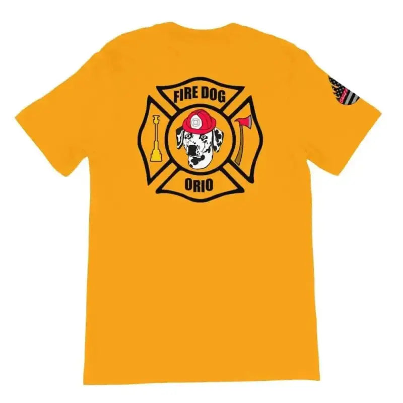 Yellow dog short-sleeve t-shirt with Fire Dog Ohio firefighter emblem and dalmatian mascot