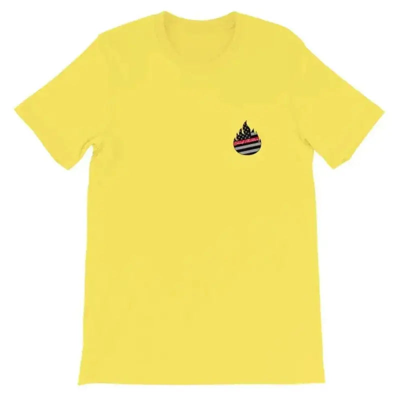 Yellow short-sleeve unisex t-shirt with flame logo on chest, perfect for casual wear