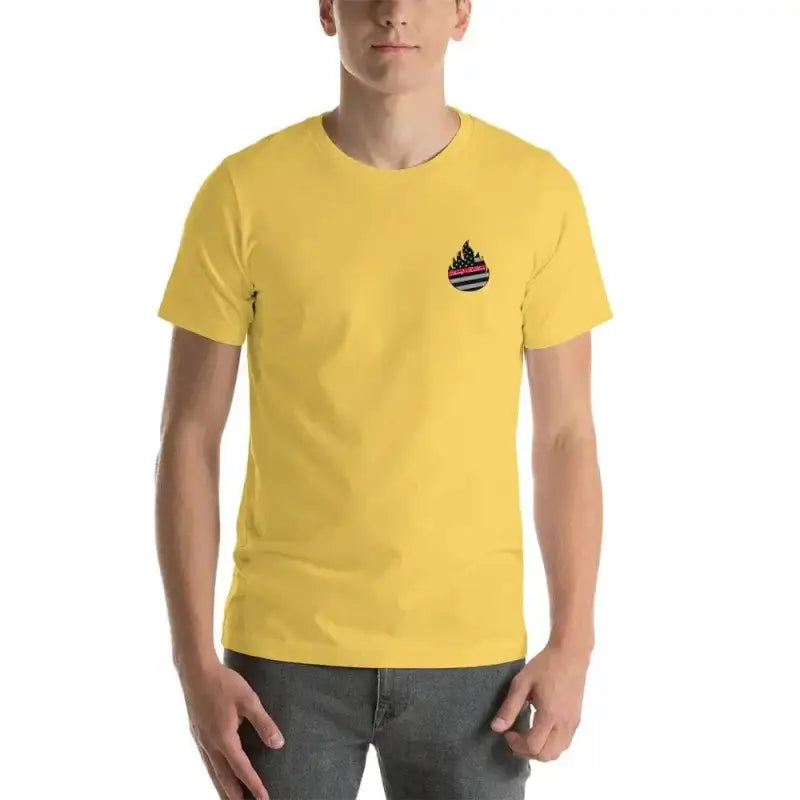 Yellow Short-Sleeve Unisex T-Shirt with flame logo, ideal for heather midnight navy fans