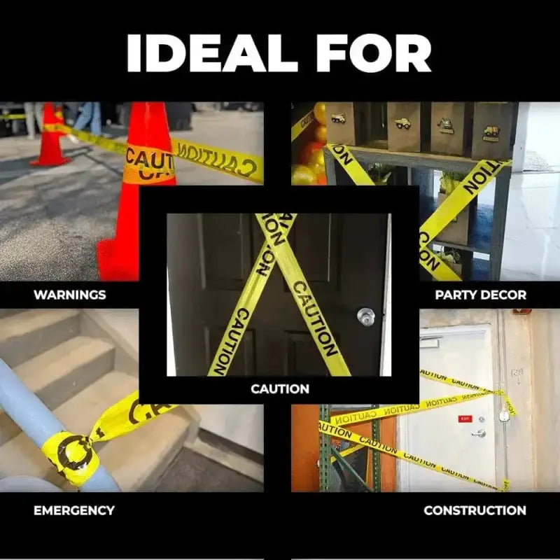 Yellow barricade flagging tape with black text for hazardous areas and construction zones