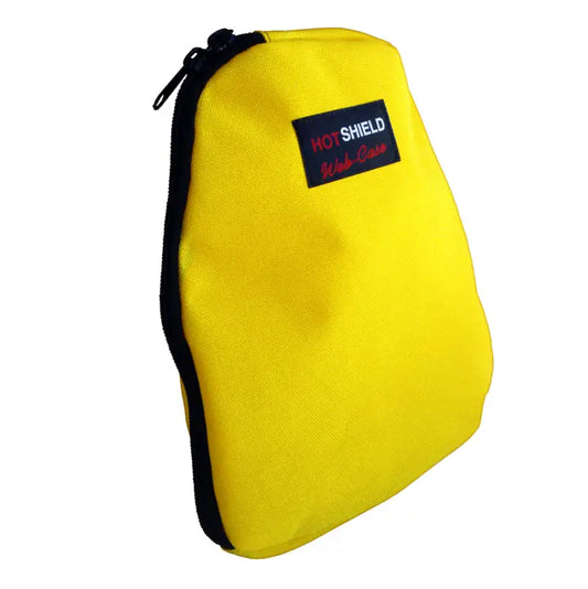 Yellow zippered Web Case Carry Pouch featuring a hot shield design and durable material
